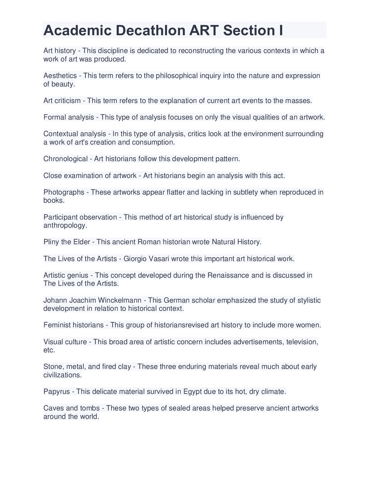 Academic Decathlon ART Section I Browsegrades